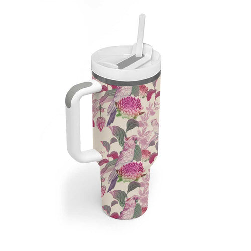Pink Cockatoo Australia Tumbler With Handle Tropical Flowers - Seamless Pattern