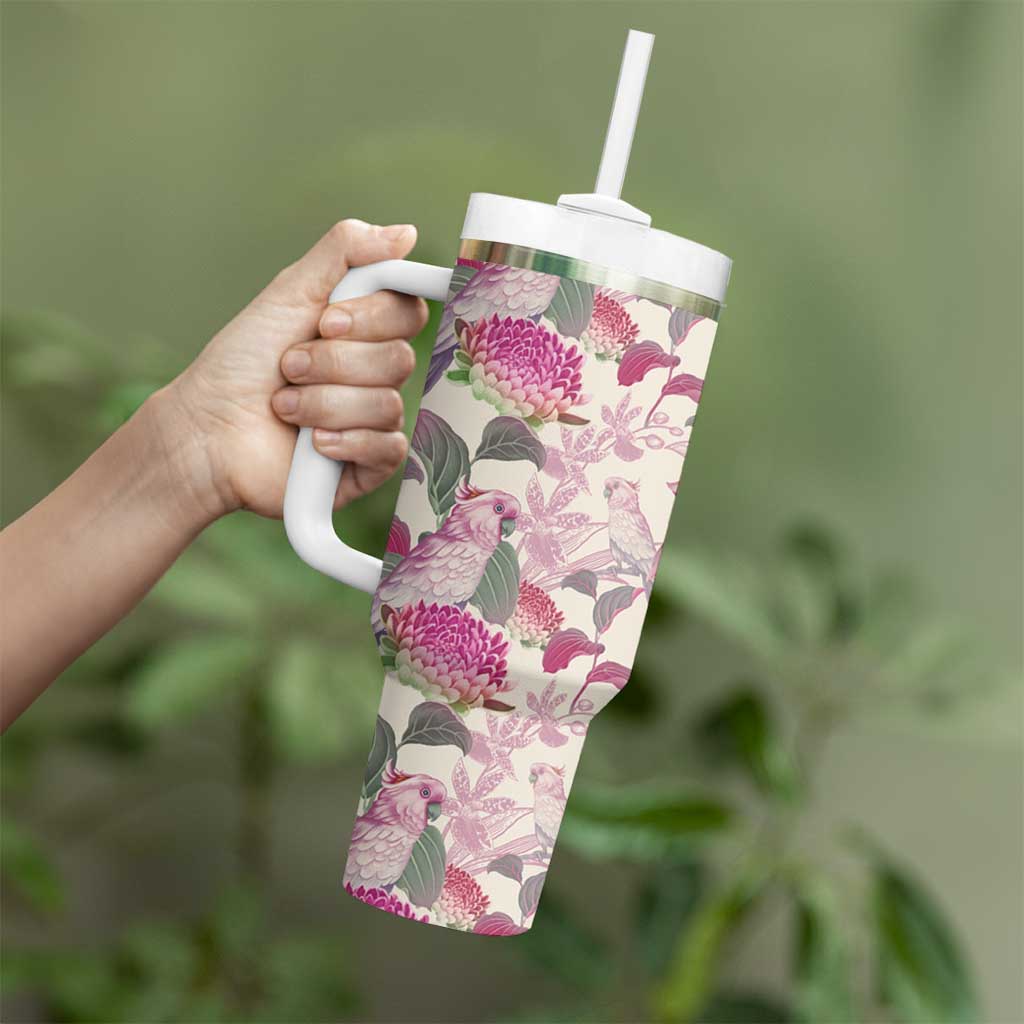 Pink Cockatoo Australia Tumbler With Handle Tropical Flowers - Seamless Pattern