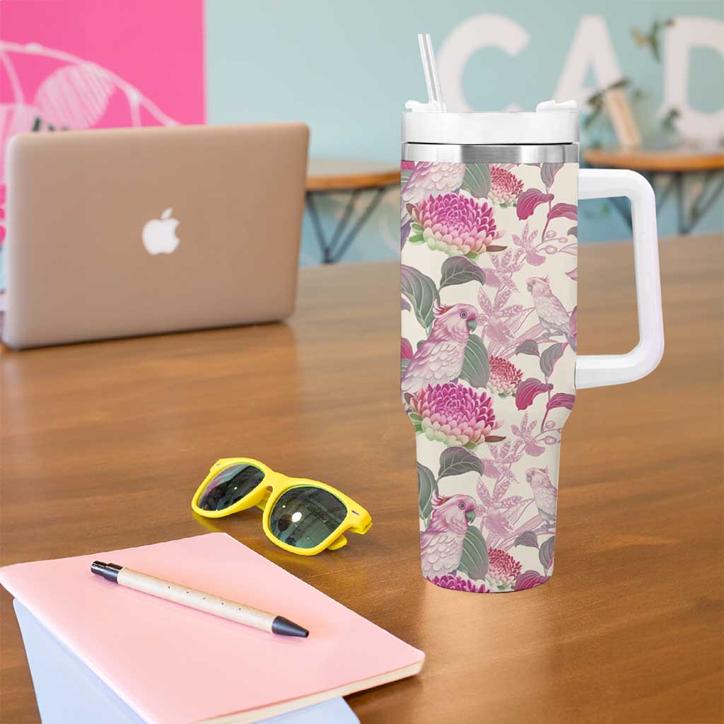 Pink Cockatoo Australia Tumbler With Handle Tropical Flowers - Seamless Pattern