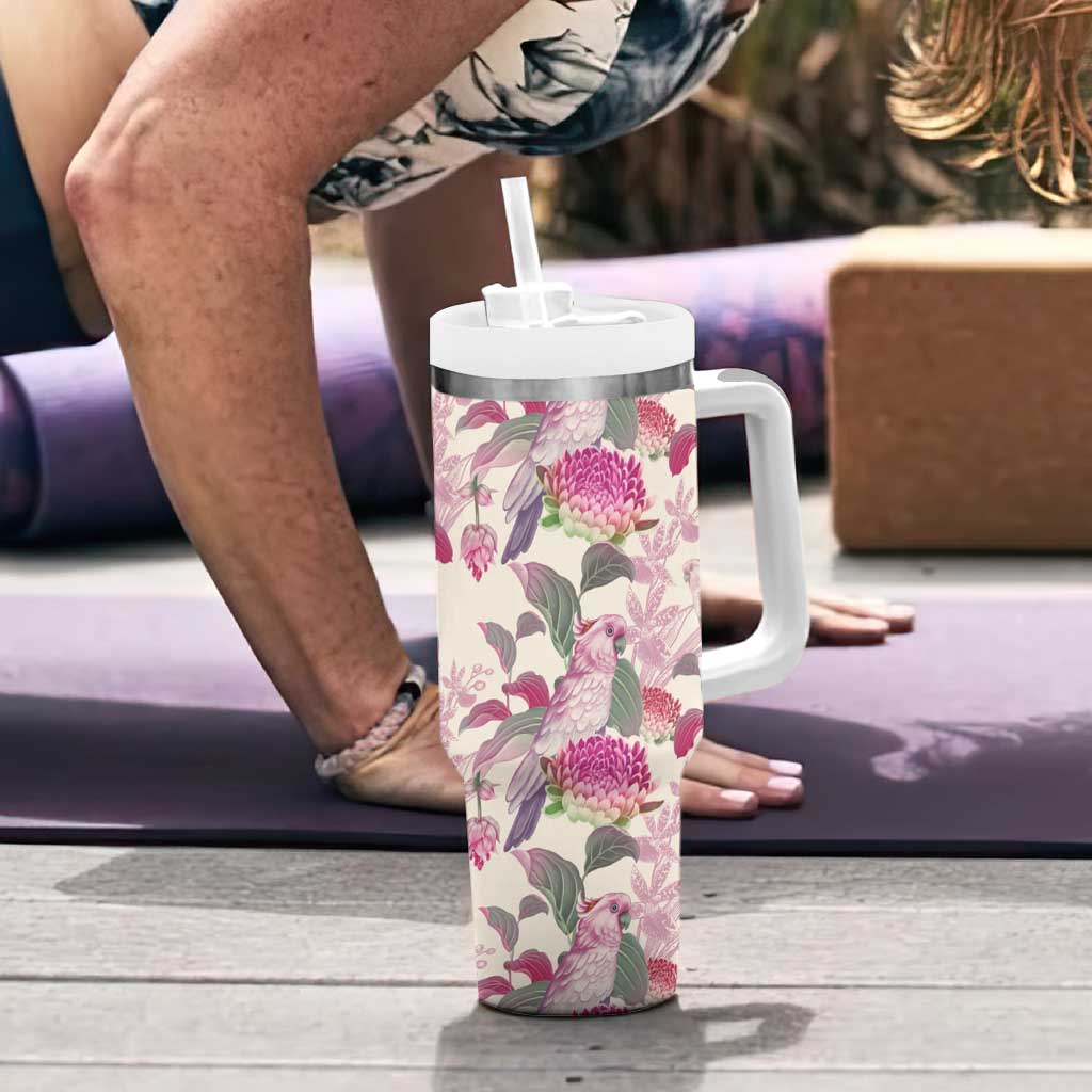 Pink Cockatoo Australia Tumbler With Handle Tropical Flowers - Seamless Pattern
