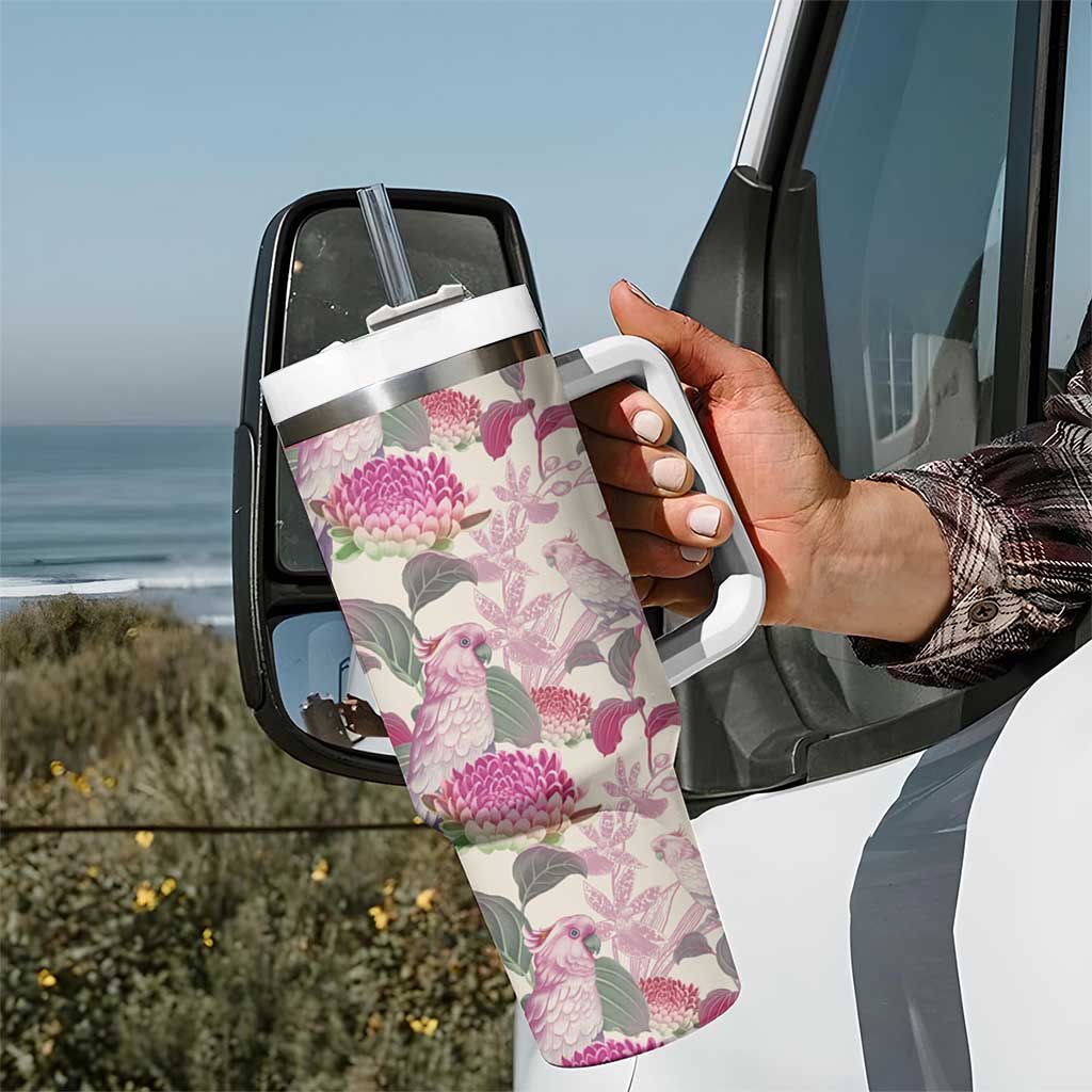 Pink Cockatoo Australia Tumbler With Handle Tropical Flowers - Seamless Pattern