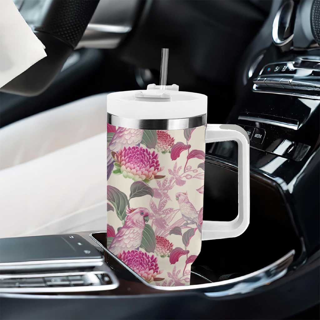 Pink Cockatoo Australia Tumbler With Handle Tropical Flowers - Seamless Pattern