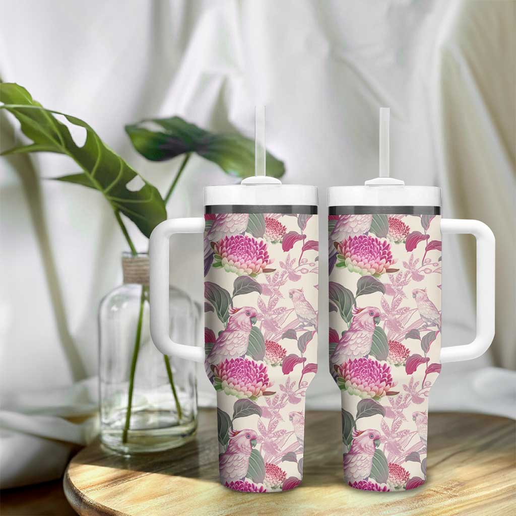 Pink Cockatoo Australia Tumbler With Handle Tropical Flowers - Seamless Pattern