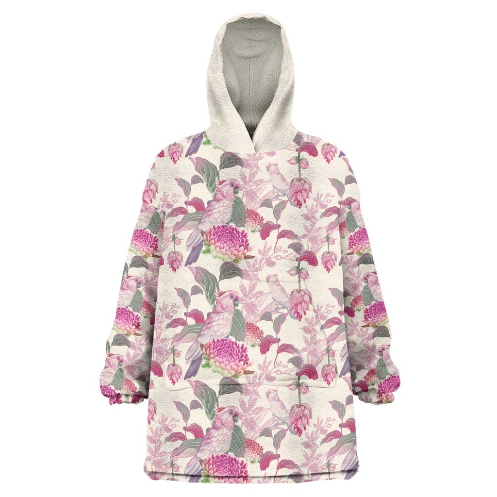 Pink Cockatoo Australia Wearable Blanket Hoodie Tropical Flowers - Seamless Pattern