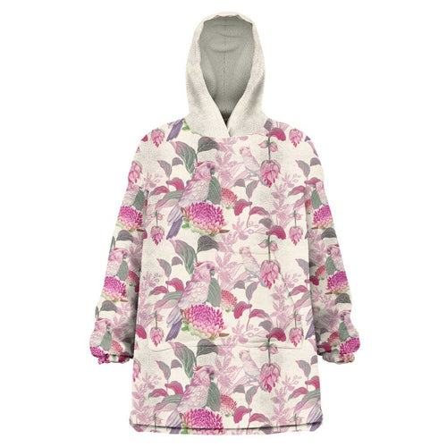 Pink Cockatoo Australia Wearable Blanket Hoodie Tropical Flowers - Seamless Pattern