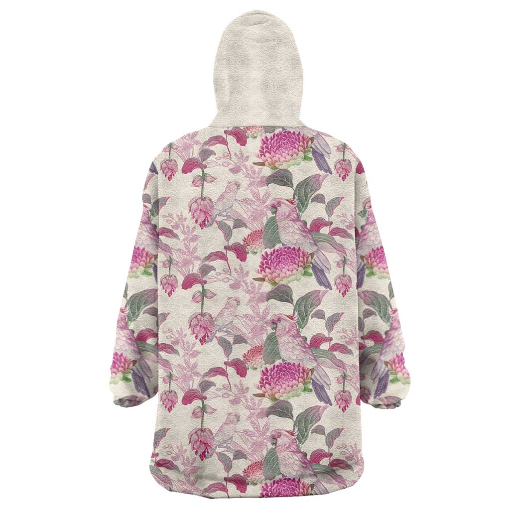 Pink Cockatoo Australia Wearable Blanket Hoodie Tropical Flowers - Seamless Pattern