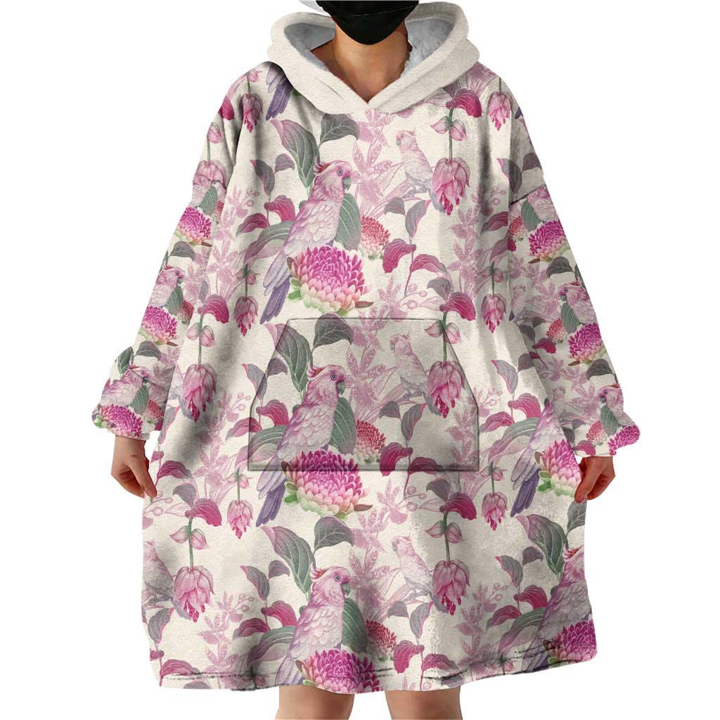 Pink Cockatoo Australia Wearable Blanket Hoodie Tropical Flowers - Seamless Pattern