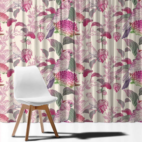 Pink Cockatoo Australia Window Curtain Tropical Flowers - Seamless Pattern
