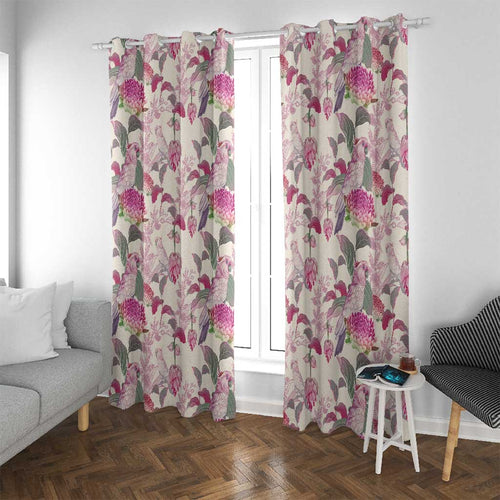 Pink Cockatoo Australia Window Curtain Tropical Flowers - Seamless Pattern