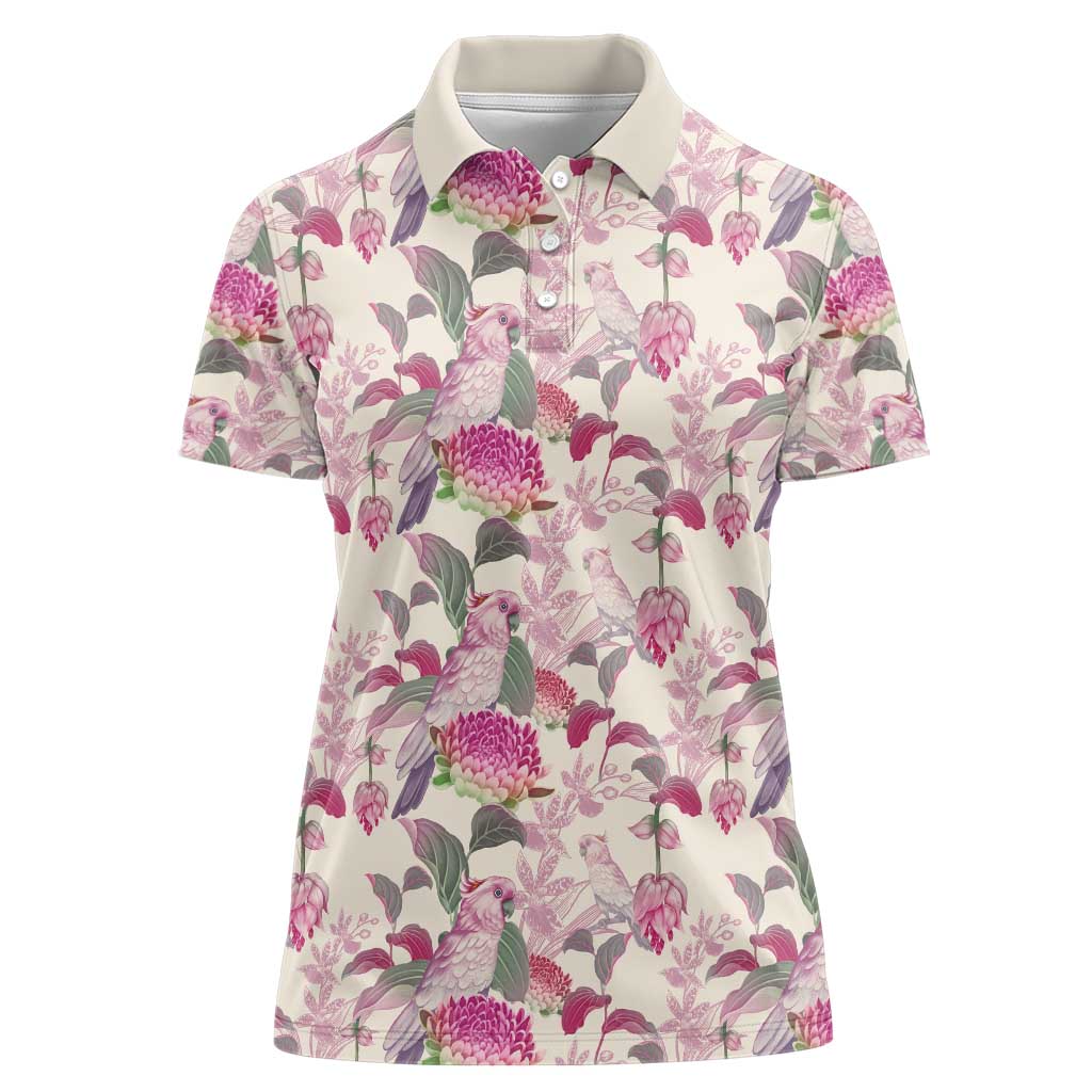 Pink Cockatoo Australia Women Polo Shirt Tropical Flowers - Seamless Pattern
