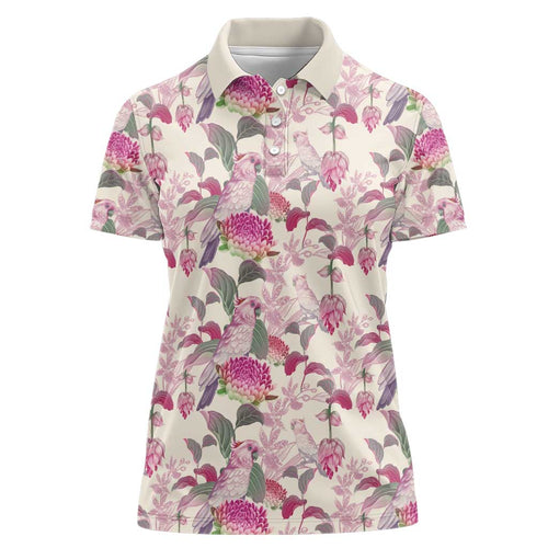 Pink Cockatoo Australia Women Polo Shirt Tropical Flowers - Seamless Pattern