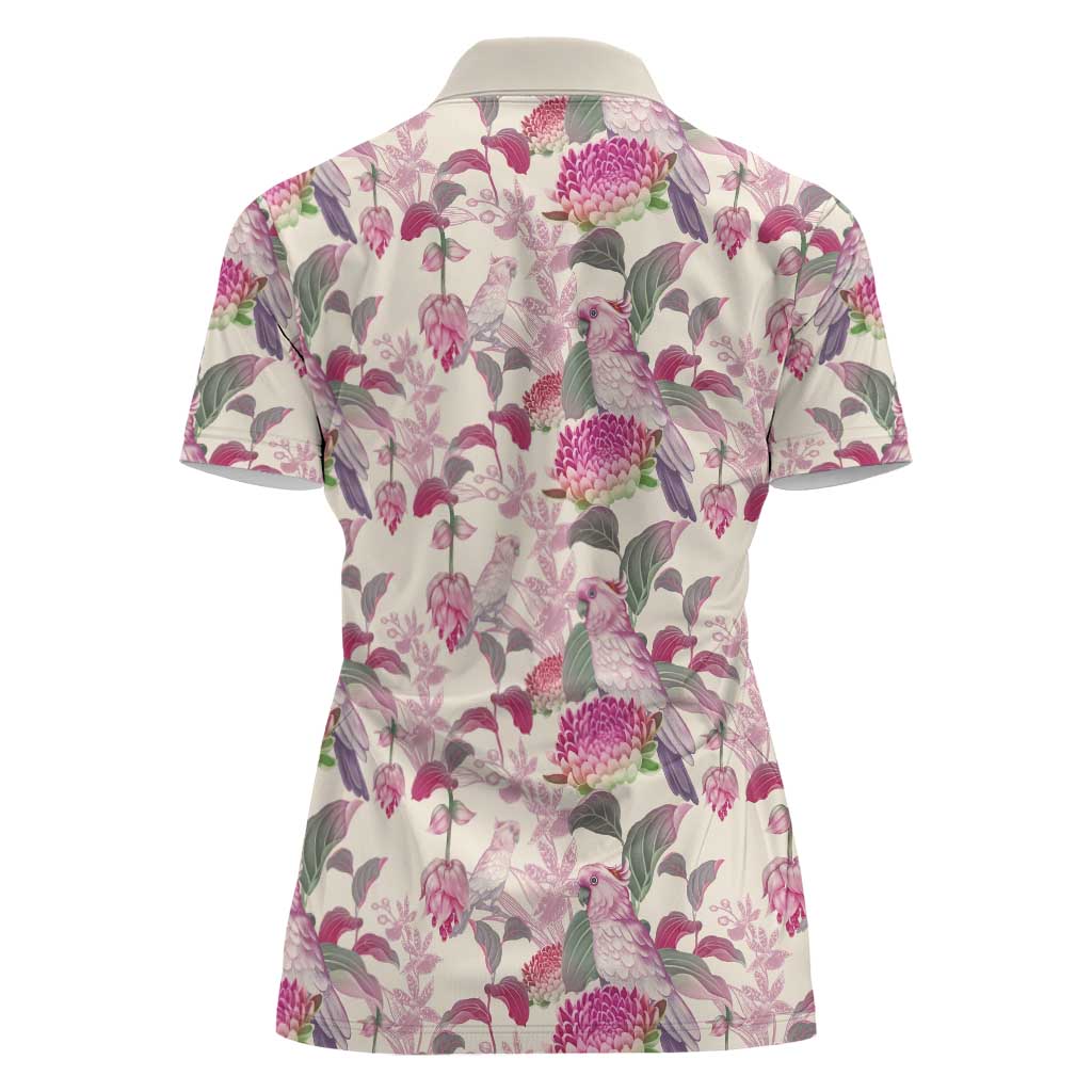 Pink Cockatoo Australia Women Polo Shirt Tropical Flowers - Seamless Pattern