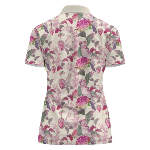 Pink Cockatoo Australia Women Polo Shirt Tropical Flowers - Seamless Pattern