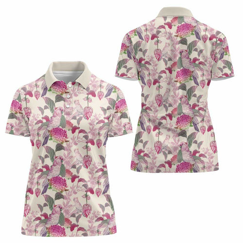 Pink Cockatoo Australia Women Polo Shirt Tropical Flowers - Seamless Pattern