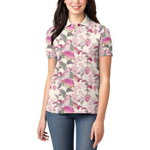 Pink Cockatoo Australia Women Polo Shirt Tropical Flowers - Seamless Pattern
