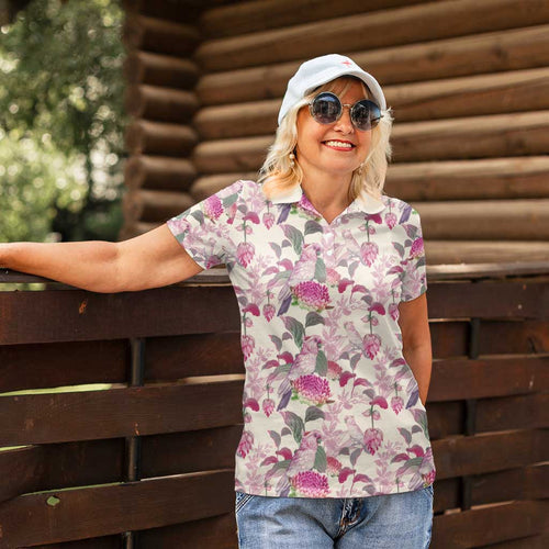 Pink Cockatoo Australia Women Polo Shirt Tropical Flowers - Seamless Pattern