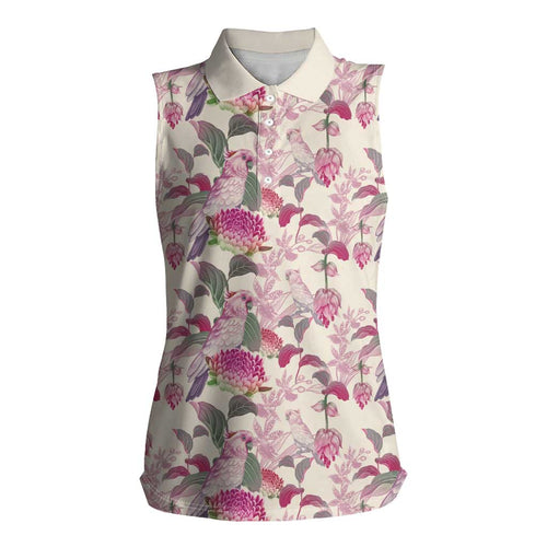 Pink Cockatoo Australia Women Sleeveless Polo Shirt Tropical Flowers - Seamless Pattern