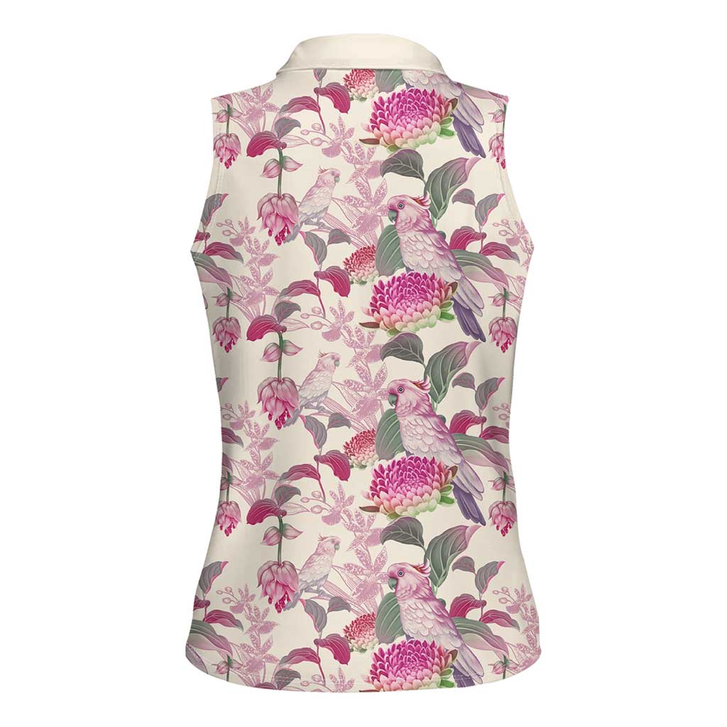 Pink Cockatoo Australia Women Sleeveless Polo Shirt Tropical Flowers - Seamless Pattern