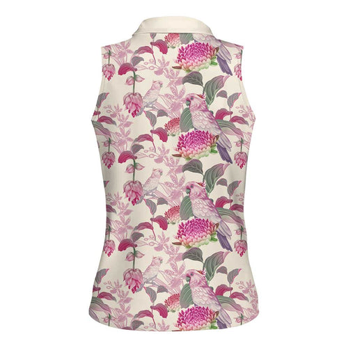 Pink Cockatoo Australia Women Sleeveless Polo Shirt Tropical Flowers - Seamless Pattern