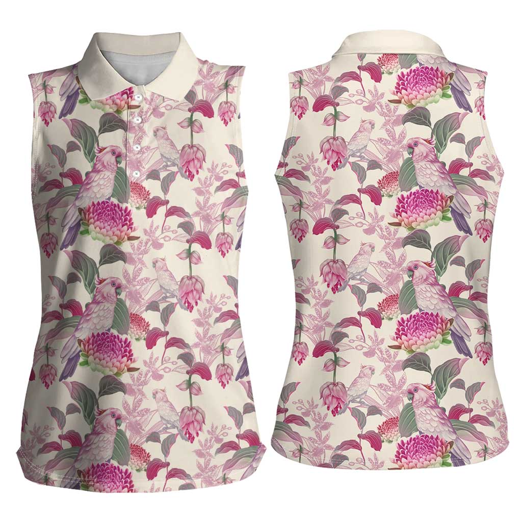 Pink Cockatoo Australia Women Sleeveless Polo Shirt Tropical Flowers - Seamless Pattern