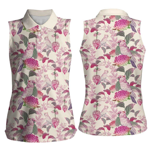 Pink Cockatoo Australia Women Sleeveless Polo Shirt Tropical Flowers - Seamless Pattern