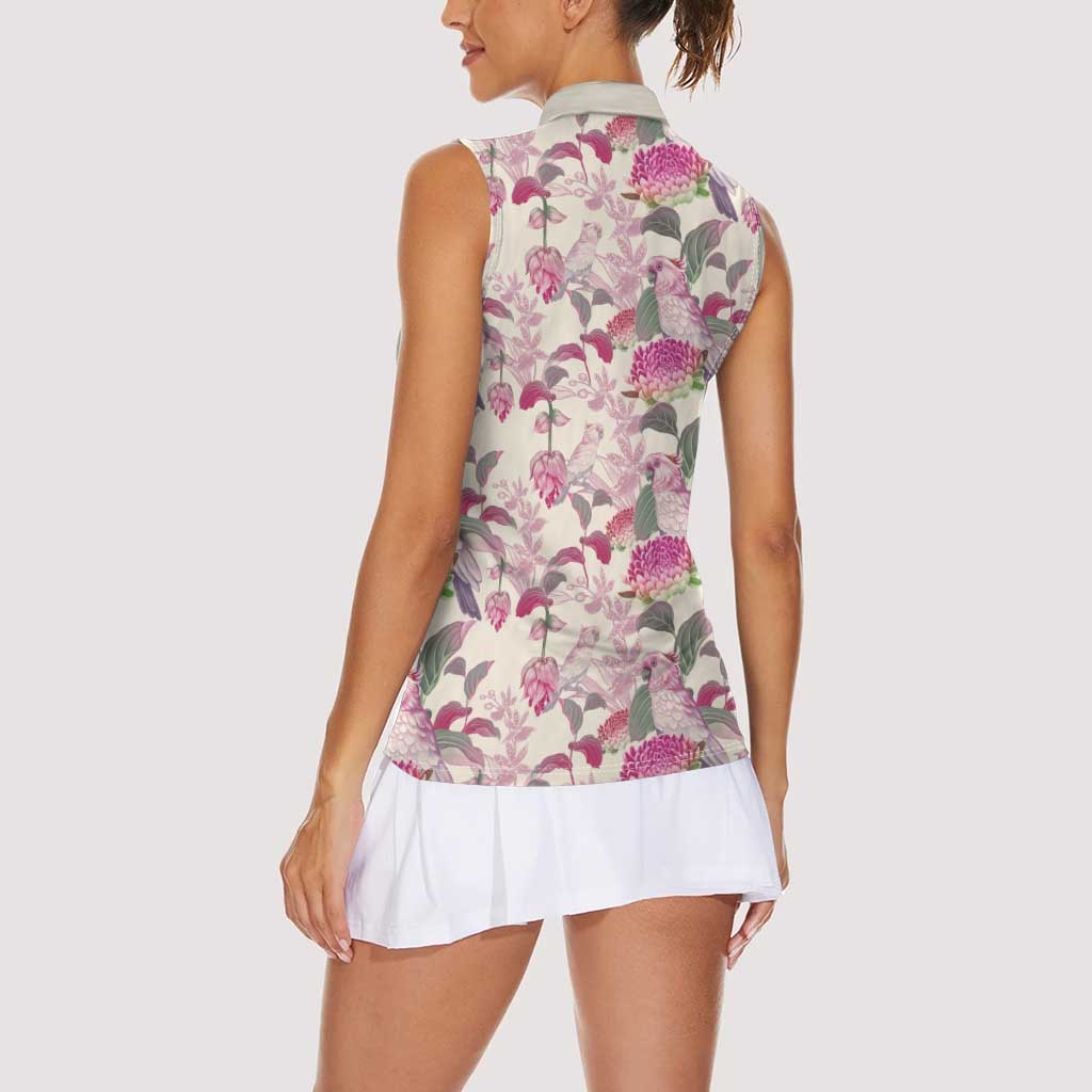 Pink Cockatoo Australia Women Sleeveless Polo Shirt Tropical Flowers - Seamless Pattern