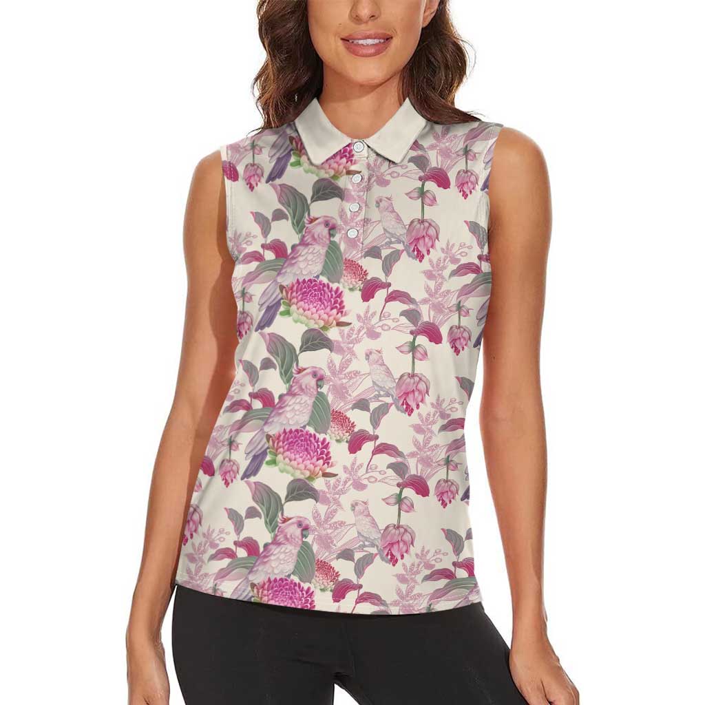 Pink Cockatoo Australia Women Sleeveless Polo Shirt Tropical Flowers - Seamless Pattern