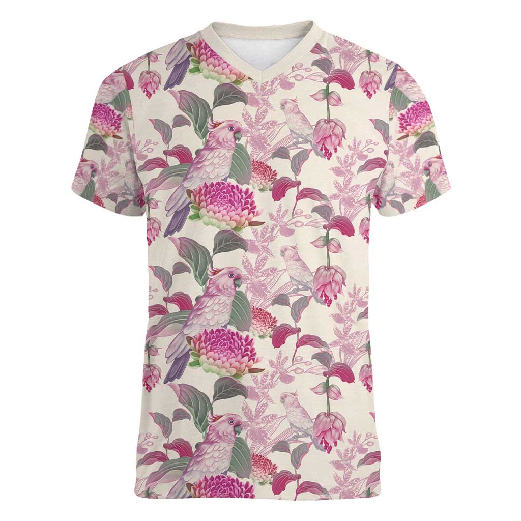 Pink Cockatoo Australia Women V-Neck T-Shirt Tropical Flowers - Seamless Pattern