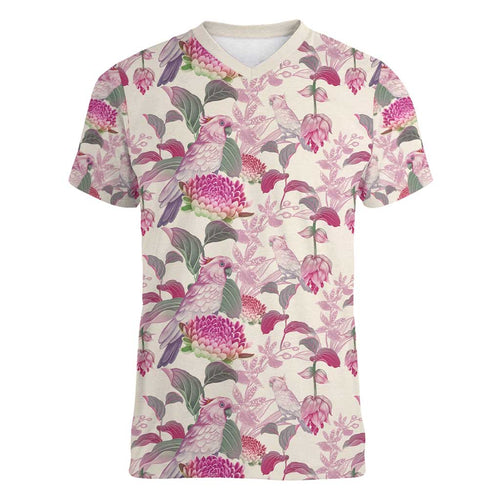 Pink Cockatoo Australia Women V-Neck T-Shirt Tropical Flowers - Seamless Pattern