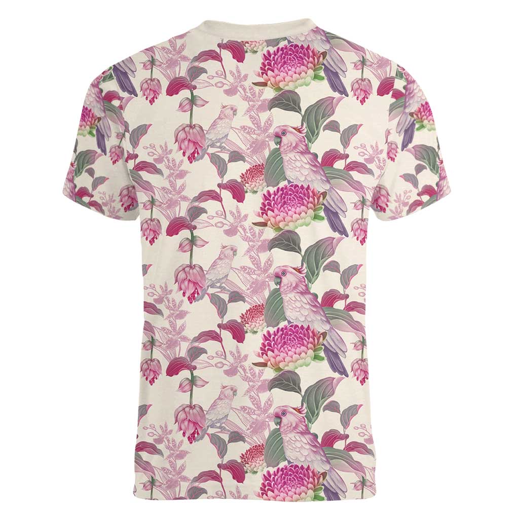 Pink Cockatoo Australia Women V-Neck T-Shirt Tropical Flowers - Seamless Pattern