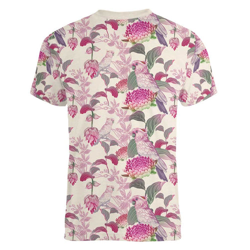 Pink Cockatoo Australia Women V-Neck T-Shirt Tropical Flowers - Seamless Pattern