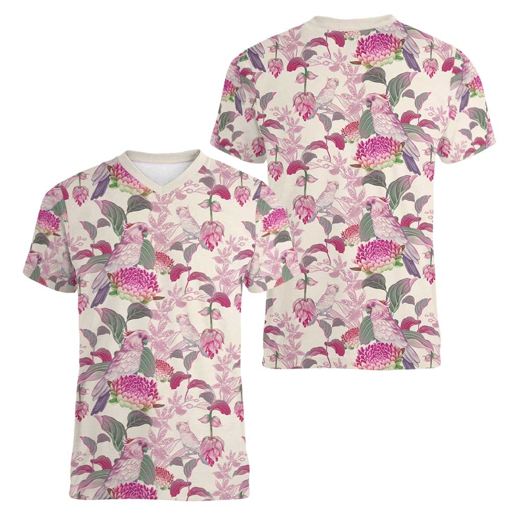 Pink Cockatoo Australia Women V-Neck T-Shirt Tropical Flowers - Seamless Pattern