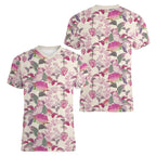 Pink Cockatoo Australia Women V-Neck T-Shirt Tropical Flowers - Seamless Pattern