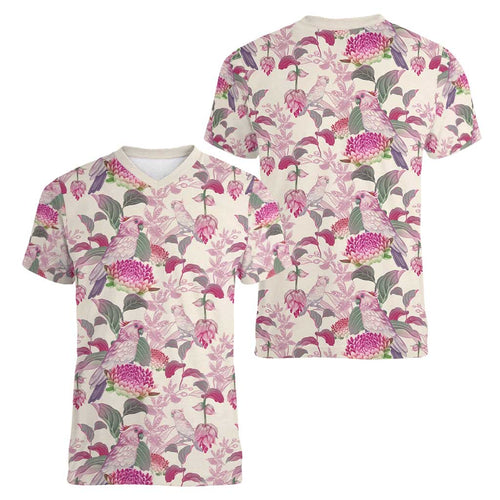 Pink Cockatoo Australia Women V-Neck T-Shirt Tropical Flowers - Seamless Pattern