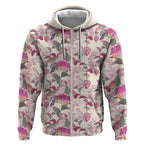 Pink Cockatoo Australia Zip Hoodie Tropical Flowers - Seamless Pattern