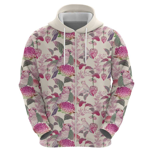 Pink Cockatoo Australia Zip Hoodie Tropical Flowers - Seamless Pattern