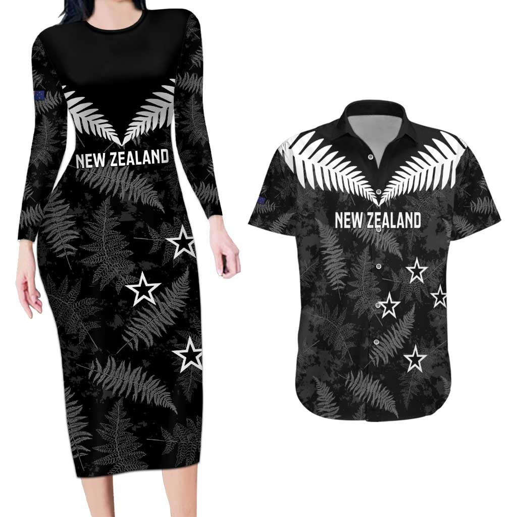 Custom New Zealand Silver Fern Football Couples Matching Long Sleeve Bodycon Dress and Hawaiian Shirt Go Aotearoa Grunge Black - Aussie Hoodie