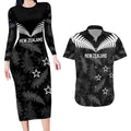 Custom New Zealand Silver Fern Football Couples Matching Long Sleeve Bodycon Dress and Hawaiian Shirt Go Aotearoa Grunge Black - Aussie Hoodie