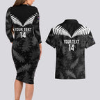 Custom New Zealand Silver Fern Football Couples Matching Long Sleeve Bodycon Dress and Hawaiian Shirt Go Aotearoa Grunge Black - Aussie Hoodie