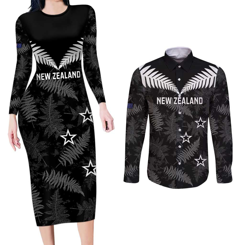 Custom New Zealand Silver Fern Football Couples Matching Long Sleeve Bodycon Dress and Long Sleeve Button Shirt Go Aotearoa Grunge Black - Aussie Hoodie
