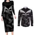Custom New Zealand Silver Fern Football Couples Matching Long Sleeve Bodycon Dress and Long Sleeve Button Shirt Go Aotearoa Grunge Black - Aussie Hoodie