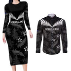 Custom New Zealand Silver Fern Football Couples Matching Long Sleeve Bodycon Dress and Long Sleeve Button Shirt Go Aotearoa Grunge Black - Aussie Hoodie