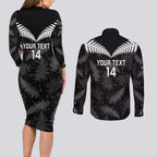 Custom New Zealand Silver Fern Football Couples Matching Long Sleeve Bodycon Dress and Long Sleeve Button Shirt Go Aotearoa Grunge Black - Aussie Hoodie