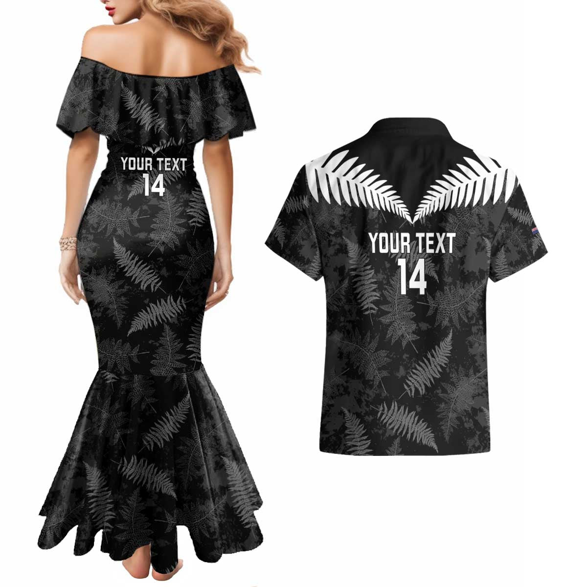 Custom New Zealand Silver Fern Football Couples Matching Mermaid Dress and Hawaiian Shirt Go Aotearoa Grunge Black - Aussie Hoodie