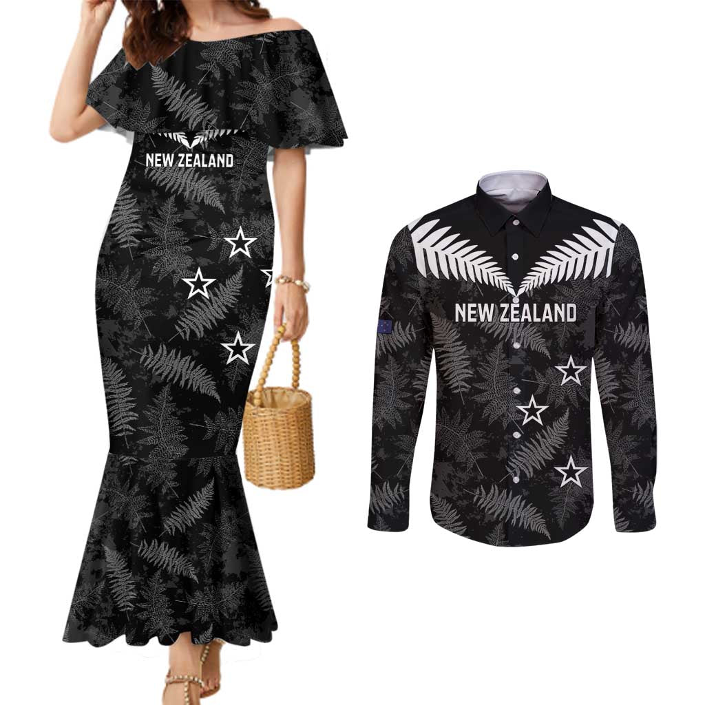 Custom New Zealand Silver Fern Football Couples Matching Mermaid Dress and Long Sleeve Button Shirt Go Aotearoa Grunge Black - Aussie Hoodie