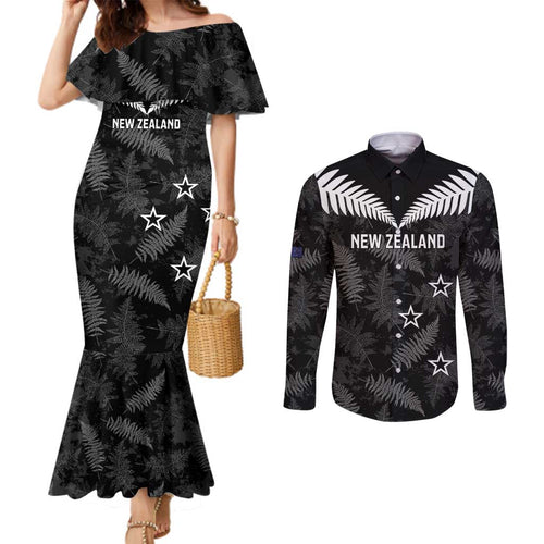 Custom New Zealand Silver Fern Football Couples Matching Mermaid Dress and Long Sleeve Button Shirt Go Aotearoa Grunge Black - Aussie Hoodie