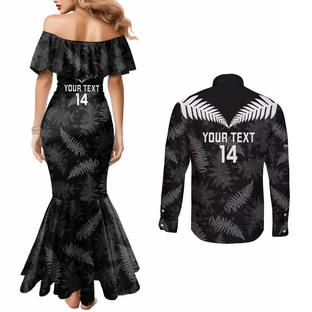 Custom New Zealand Silver Fern Football Couples Matching Mermaid Dress and Long Sleeve Button Shirt Go Aotearoa Grunge Black - Aussie Hoodie
