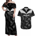 Custom New Zealand Silver Fern Football Couples Matching Off Shoulder Maxi Dress and Hawaiian Shirt Go Aotearoa Grunge Black - Aussie Hoodie