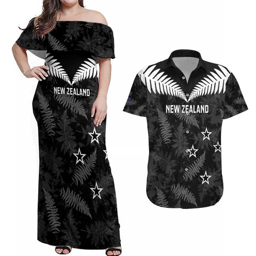 Custom New Zealand Silver Fern Football Couples Matching Off Shoulder Maxi Dress and Hawaiian Shirt Go Aotearoa Grunge Black - Aussie Hoodie