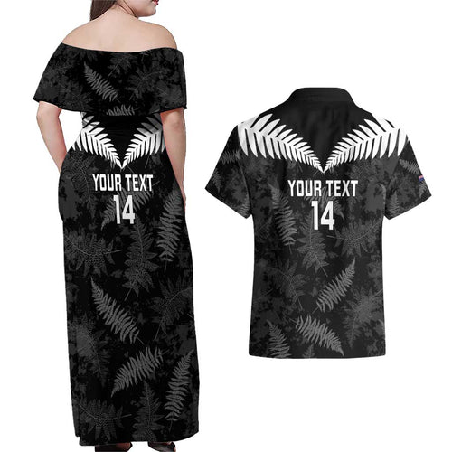 Custom New Zealand Silver Fern Football Couples Matching Off Shoulder Maxi Dress and Hawaiian Shirt Go Aotearoa Grunge Black - Aussie Hoodie